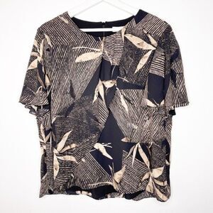 H HALSTON Bamboo Leaves Short Sleeve Blouse